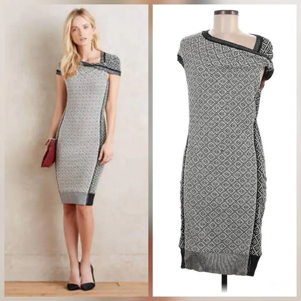 Byron Lars Josette Textured Pencil Knee Length Foldover Shoulder Geometric Dress